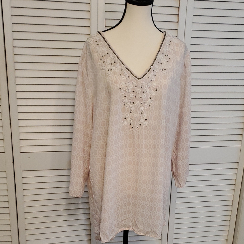 Thomas & Olivia Beaded Pink and White Tunic Top, Size XL